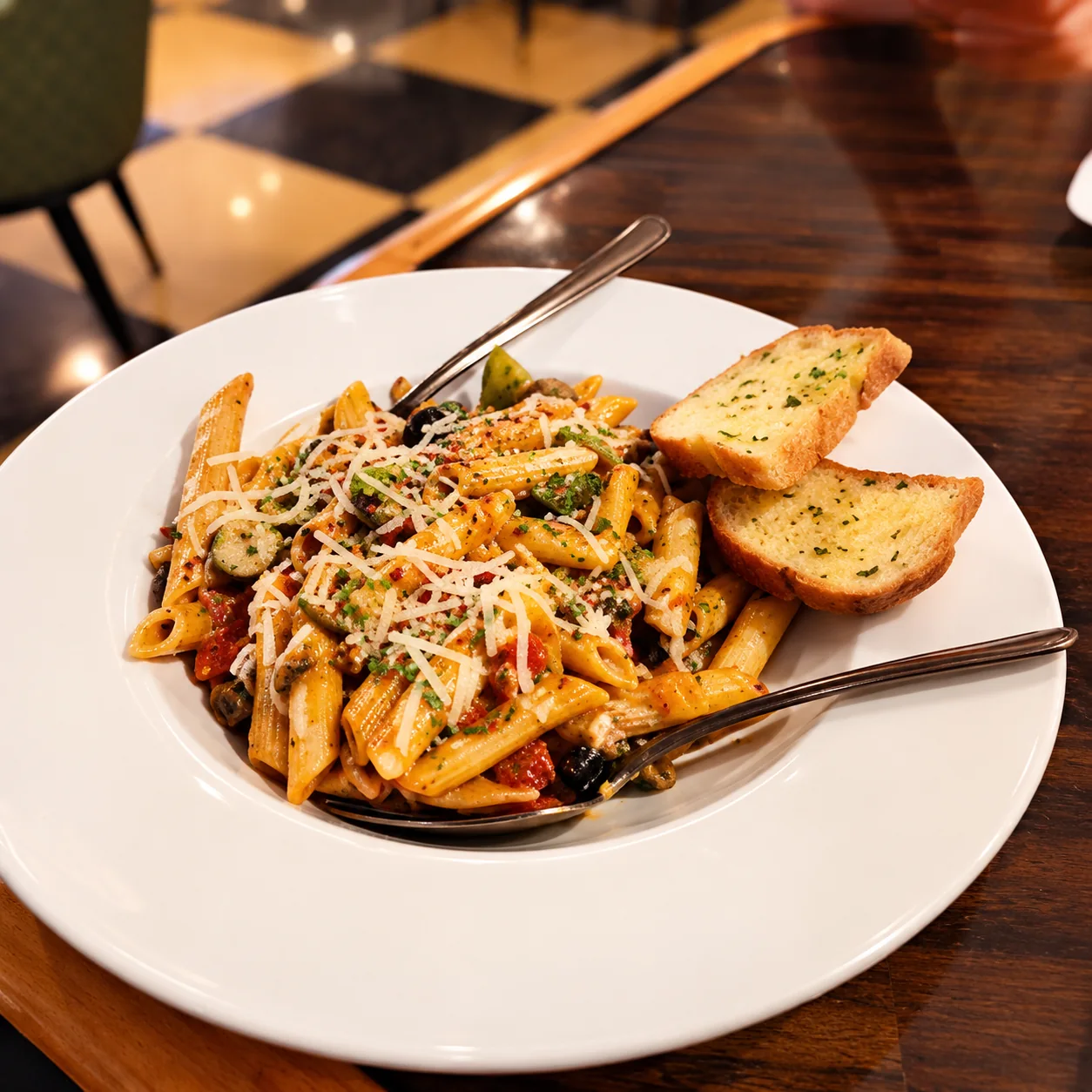 Pasta with garlic bread